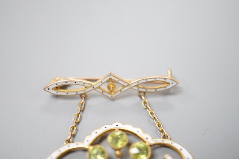 An Edwardian Art Nouveau, 9ct white enamel and baroque pearl set drop brooch, maker L & Co, 42mm, gross weight 4.4 grams.